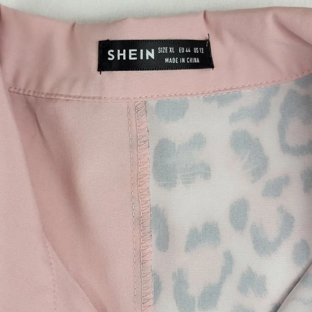 SHEIN Pink/Black Leopard Print Button Down Long Shirt XL Belted Long Sleeve - Picture 8 of 8